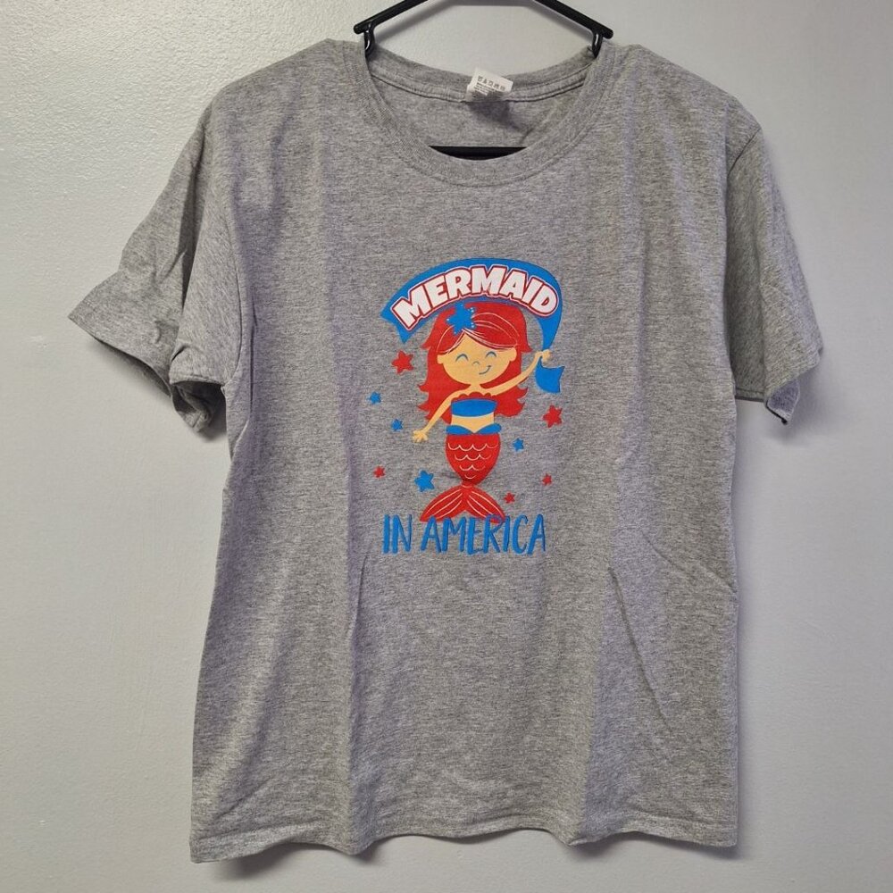 Mermaid USA America Tee Shirt‎ Gray Youth XL Girls July Independence